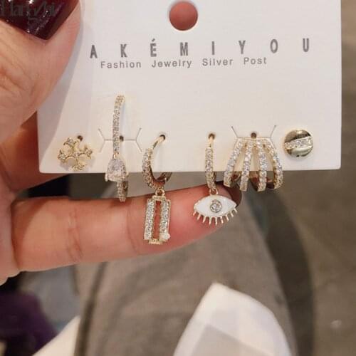 HangZhi 2020 New 6pcs/set Geometric Cross Little Star Moon Unicorn Strawberry Opals Rhinestones Hoop Earrings for Women Jewelry