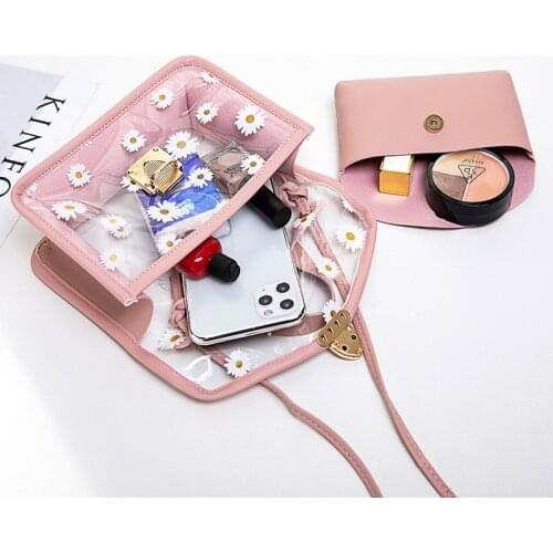 2020 Fashion Women Transparent Daisy Pattern Shoulder Bag Hardware Chain Strap Color Block Messenger Handbag Composite Tote