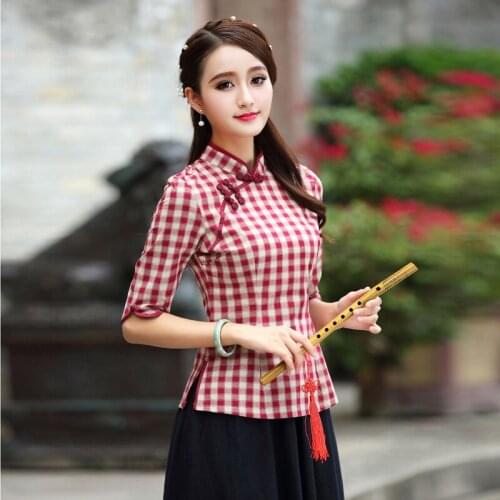 Women Plus Size Tangzhuang Lattice Chinesische Kleidung Traditional Chinese Shirts Chinois Cotton Cheongsam Tops Oriental Plaid