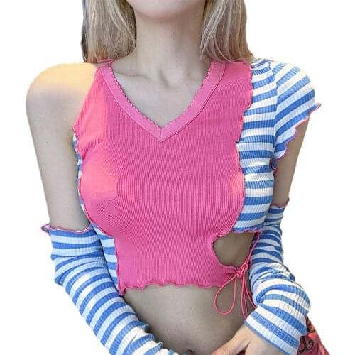 2021 Y2k Womens Cutout Crop Summer Tank Tops Short Sleeve V-Neck Color Hot Block Rib Knit Fashion Camisole with Arm Sleeves