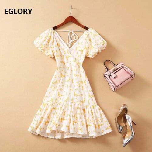2021 Spring Fashion Embroidery Dress High Quality Runway Clothes Woman V-Neck Yellow Embroidery Puff Sleeve Casual Club Dress