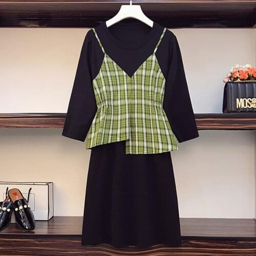 4XL plus size women vintage Patchwork plaid dress autumn winter 2021 long Sleeve o neck elegant casual plaid female dresses