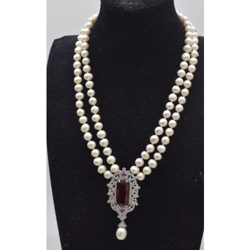 2rows freshwater pearl near round 8-9mm white and red pendant necklace 17-18inch FPPJ wholesale beads nature