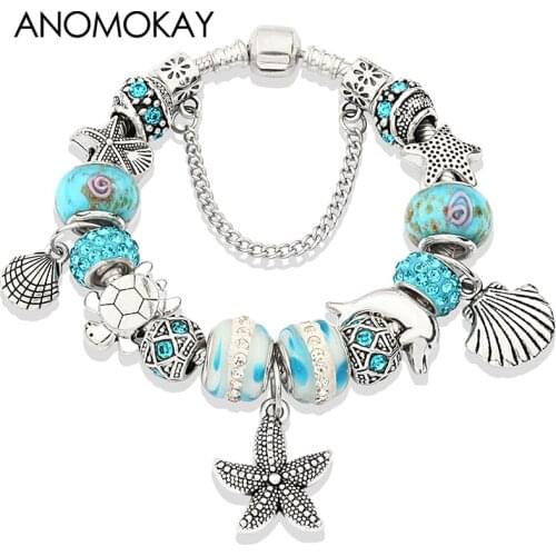 2019 Hot Blue Ocean Animal Charm Bracelet Antique Silver Plated Starfish Shell Tortoise Diy Bead Bracelet Jewelry Best Gift