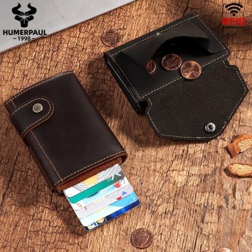 2021 New RFID Blocking Card Holder Wallet Men Automatic Pop Up ID Card Case Crazy Horse Leather Male Coin Purse Aluminium Box