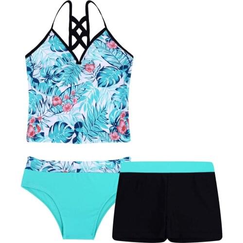 3Pcs Kids Girls Tankini Swimwear 2021 Floral Print Swumsuit Bathing Suit Set Tops With Bottoms Shorts Children Bikini Beachwear