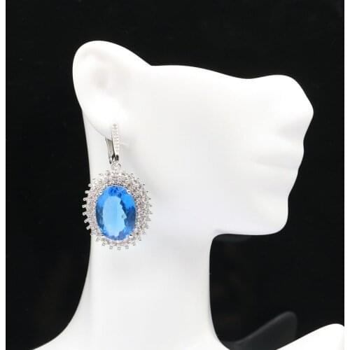 42x23mm Popular Style Silver Earrings For Ladies Created London Blue Topaz White CZ Luxury Daily Wear Wholesale