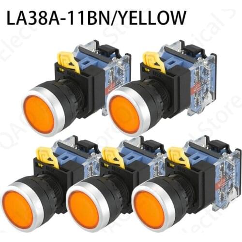 5PCS LA38A-11BN Quality Sliver Contact Push Button Switch On/Off Momentary/Latching 22mm yellow