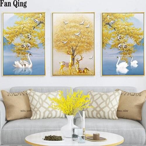 5D Diy Diamond painting cross stitch Diamond Embroidery Golden tree white swan golden deer Full Drill Diamond mosaic Rhinestone