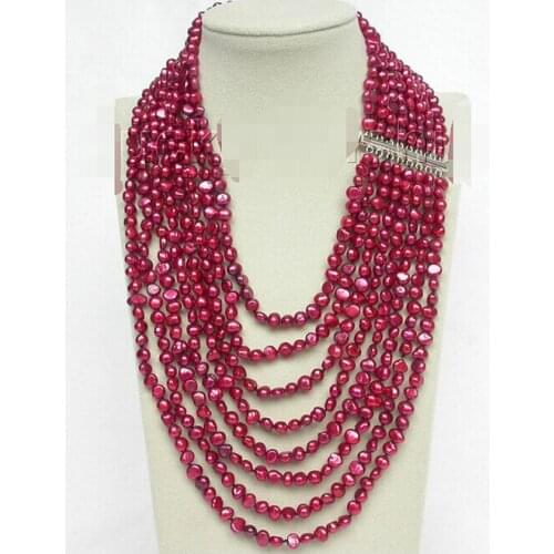 Hot-selling 915 +++17"-24" 8row baroque wine red pearls necklace 925 silver clasp