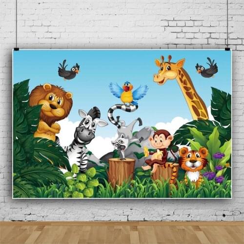 Cartoon Blue Sky Forest Lion Tiger Animal Background Baby Show Party Child Birthday Decoration Photography Photo Vinyl Backdrop
