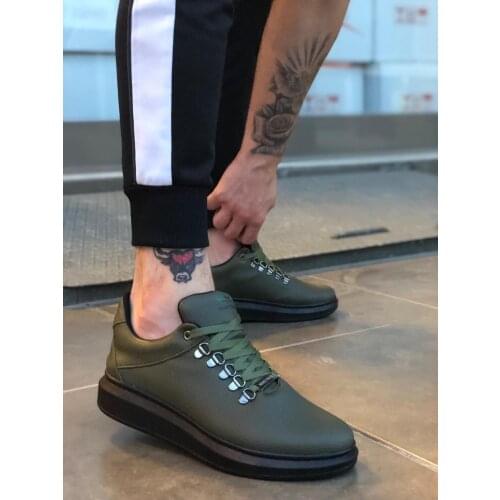 BA0124 Thick Sole Lace-Up Sneakers Style Khaki Green Black Sole Male Shoes