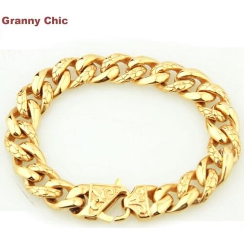 Granny Chic 1pcs New Arrive Mens Cool Hip Hop Silver/Gold/Black Stainless Steel Curb Cuban Bracelet 8.66"13mm