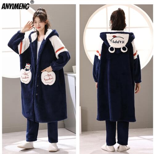Pijamas Womne Winter Thick Sleepwear Leisure Two Pieces Long Gown+pants Hooded Pajamas Set Flannel Airy Loungewear Warm Winter