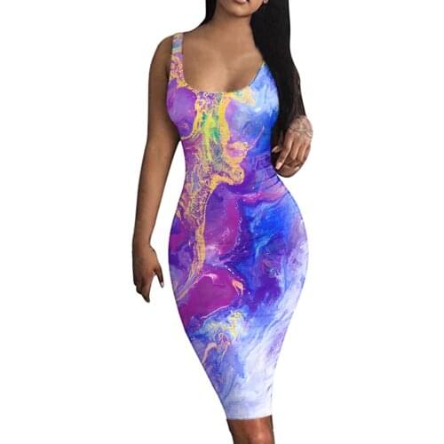 40# Tie Dye Tank Dress Women Sleeveless Party Mini Dress Sexy Bodycon Club Summer Dress 2021 Wrap Hip Slim Low Cut Dress Women