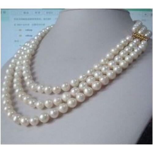 Rare triple strands 9-10mm White round Pearl Necklace 17"18"19"