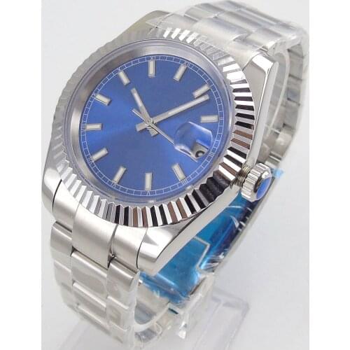 Luxury Fashionable 40MM Sapphire Glass Nologo Sterial blue Big Face Dial Mens Watch Date Diaplay Miyota Automatic Watch Men