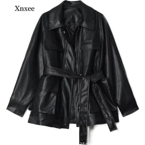 Slim Pu Coats Women Faux Leather Jackets Vintage Motor Biker Jackets Elegant Tie Belt Waist Pockets Buttons Coats Clothing Tops