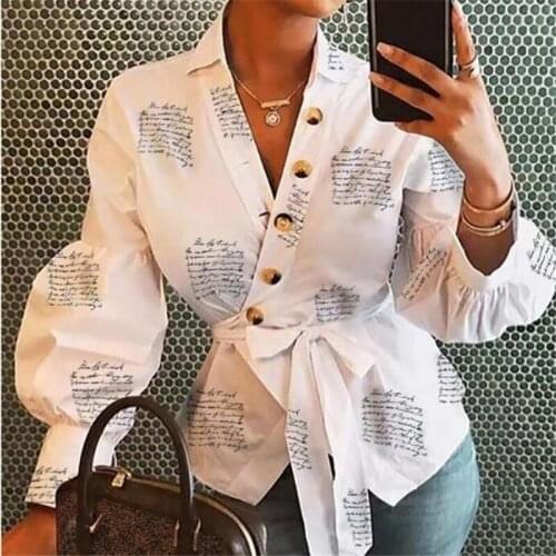 2019 autumn and winter long-sleeved blouse women ladies V-neck lantern sleeve button printing shirt women clothing elegant shirt