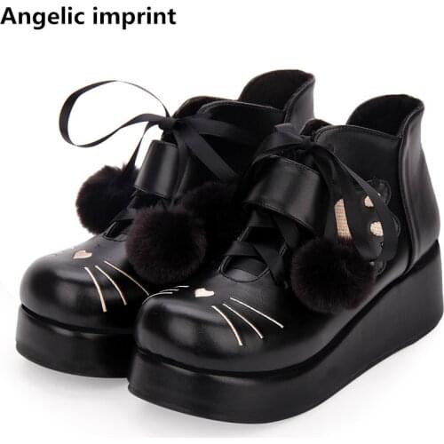 Angelic imprint mori girl Women sweet ankle boots lady lolita Boots woman mid heels pumps wedges shoes cat face Fleeces inside