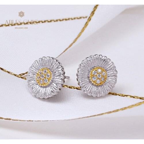 18K Gold Two Tone Daisy CZ Earrings 925 Sterling Silver Iconic Flower Women Stud Earring Renaissance Jewelry C11E4S25261