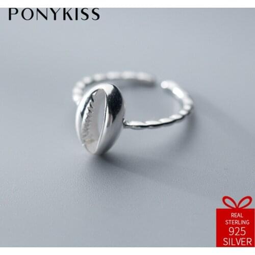 PONYKISS Trendy 100% 925 Sterling Silver Chic Resizable Opening Shell Ring Jewelry Women Birthday Party Fine Gift Accessories