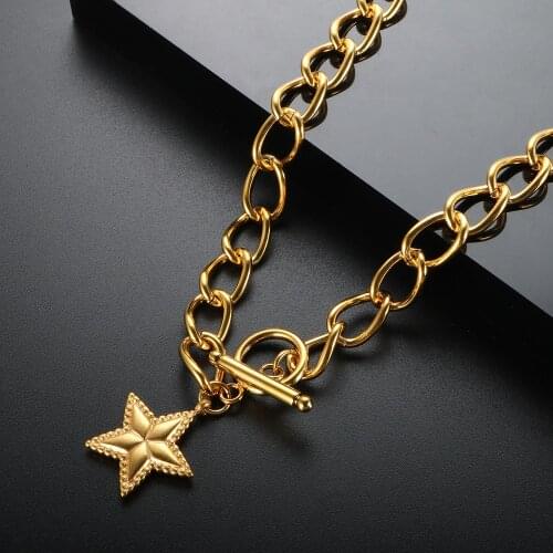 ZMFashion Vintage OT Buckle Star Pendant Link Chain Necklace For Women Men Stainless Steel Geometric Choker Hip Hop Jewelry Gift