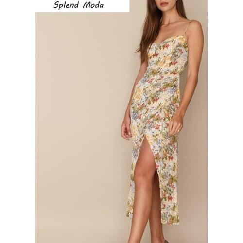 Splend Moda 2021 Summer New Vintage Floral Print Folds Irregular Camisole Long Dress For Women Split Ends Sexy Vestido Fashion