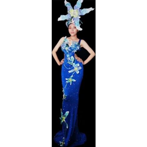 Sparkly Blue Lily Flower Elegant Long Dress Female Singer Catwalk Show Evening Party Dance Performance Costume DJ391