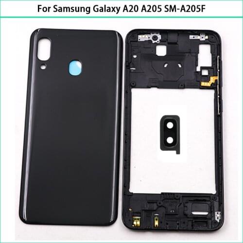 For Samsung Galaxy A20 A205 SM-A205F A205DS Plastic Housing Middle Frame Bezel + Battery Back Cover Rear Door Cover Replace