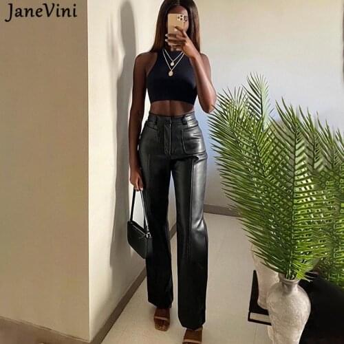 JaneVini Women Faux Leather Pant Pockets Straight Pant Trousers Autumn Elegant High Waist Office Lady Slim Vintage Leisure Pants