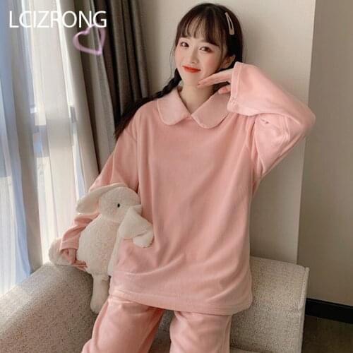 Winter Simple Solid 2pcs Pajamas Sets Women Sweet Girl Long Sleeve Pullovers+Pants Nightgown Loose College Lingerie Pijama Mujer