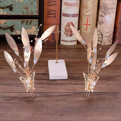 Butterfly Jewelry Gold Color Headbands for Women Bridal Wedding Hair Jewellry Accessories Baroque Leaf Crystal Pearls Hairbands