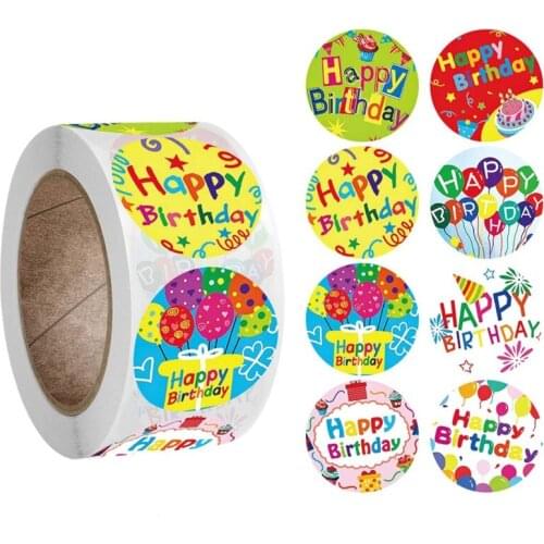 500Pcs/Roll 8 Styles Happy Birthday Round Stickers Party Gift Packaging Seal Labels for Scrapbooking Cards Envelopes Gifts