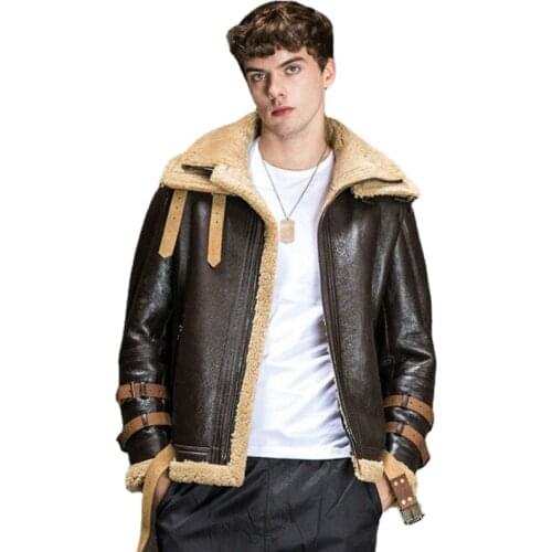 New Winter Thicker Fur One Genuine Leather Jacket Men Double Collar Sheepskin Leather Coat Locomotive Fur Male Air Force Suit