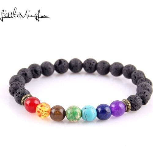 Little MingLou 7 Chakra men bracelet bangle Lava Healing Balance Beads Reiki Buddha Prayer Natural Stone Yoga bracelet for women