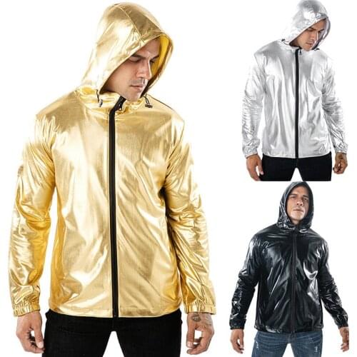 Men Autumn and Winter Models Solid Color Bronzing Fabric Fashion Hooded Mens Jacket Streetwear Reflective Jacket Hip Hop 2020