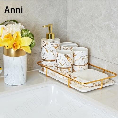 Golden Marble Texture Bathroom Set Ceramics European Modern Household Five Piece Set Shower Accessories Organizer Decoration
