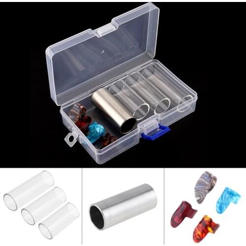 8pcs/lot Guitar Slide Picks Kit 1 Stainless Steel 3 Glass Slides and 1 Thumb 3 Finger Celluloid Guitar Picks with Box