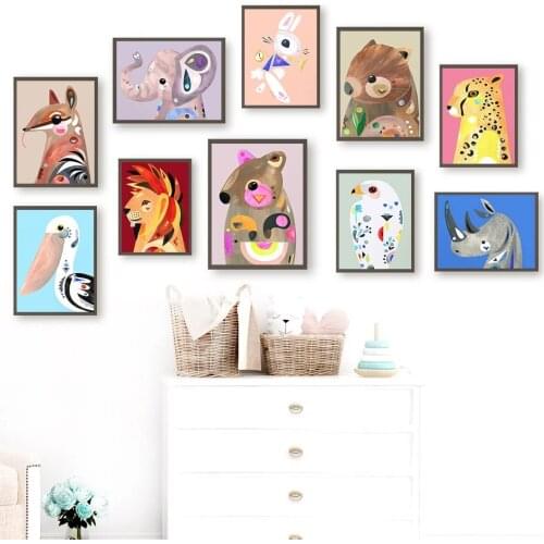 Canvas Wall Art With Colorful Elephant, Lion, Leopard, Bear, Rabbit, Nordic Posters And Prints, Wall Pictures, Nursery Decor