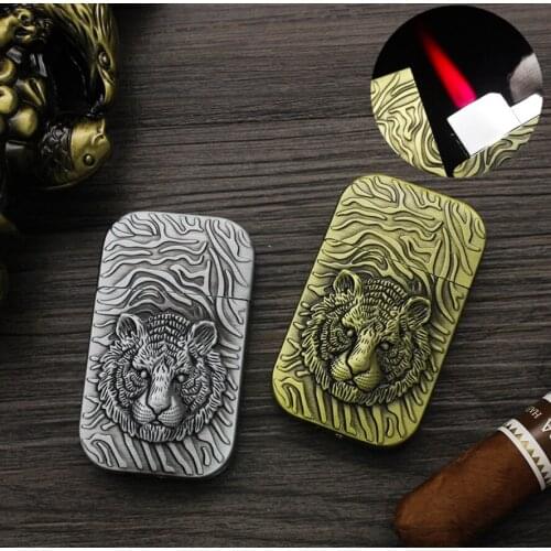 Unusual tiger embossed pattern Butane inflatable lighter jet Turbo torch red flame metal igniter men Smoking gadget ( no gas )