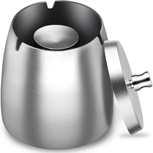 New Ashtray Stainless Steel with Lid Heavy Ashtray Storm-Wind Non-Slip Base for Outside and Inside Silver