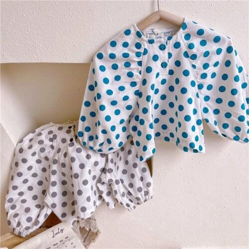 New Autumn Korean Style Baby Girls Polka Dots Blouses Puff Sleeve Toddlers Kids Shirts Cotton Children Pullovers Tops
