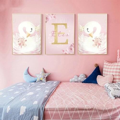Swan Posters Custom Name Wall Art Canvas Painting Flowers Picture Nursery Art Print Nordic Poster Prints Baby Girl Bedroom Decor