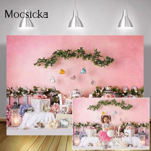 Pink Wonderland Cake Smash Background Spring Newborn Children Portrait Backdrop Flowers Cup Birthday Cake Table Photocall Props