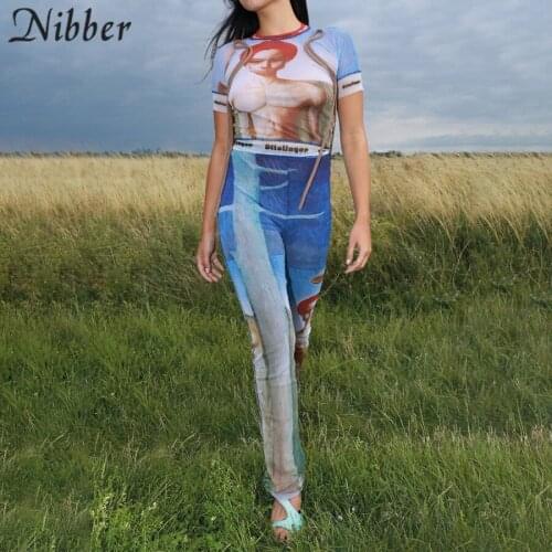 Nibber Fashion Art Portrait Print Two-Piece Short-Sleeved Round Neck Top + Slim-Fitting Pants For Women Out Wear Club Outfits