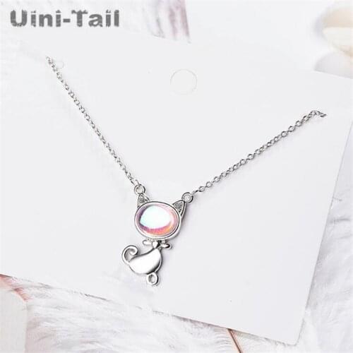 Uini-Tail hot new 925 sterling silver moonstone cat necklace Korean fashion trend cute playful kitten exquisite jewelry ED293