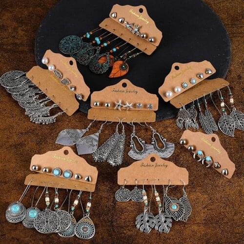 FNIO Vintage Boho Earrings For Women Brincos Feather Sun Silver Color Ethnic Earrings 2020 Fashion Dangle Earring Set Jewelry