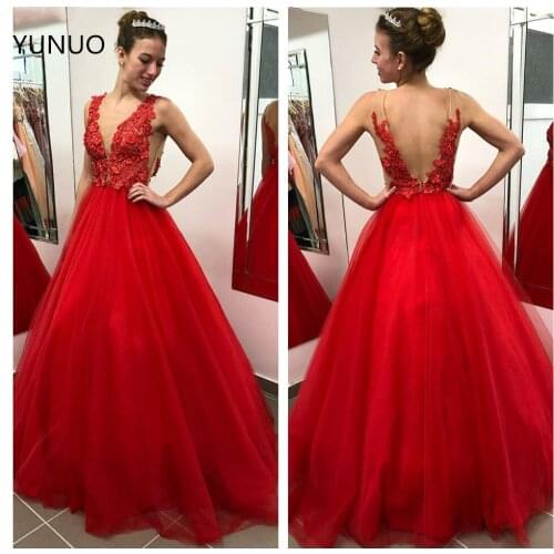 YUNUO Red V-neck Lace Prom Dresses Evening Dress with Beading suknie wieczorowe abendkleider vestidos Formal Party Ball Gown
