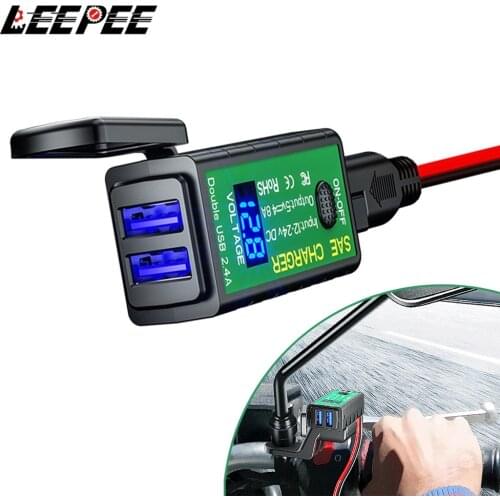LEEPEE Motorcycle USB Charger 3.1A/4.8A TYPE-C with Voltmeter On/Off Switch for Phone 12V SAE to Dual USB Fast Charging Adapter